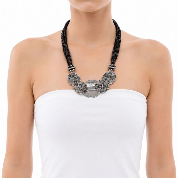 Chico's Jewelry - Chico's Sevilla Silver Tone Etched Medallions Black Seed Bead Necklace 20"